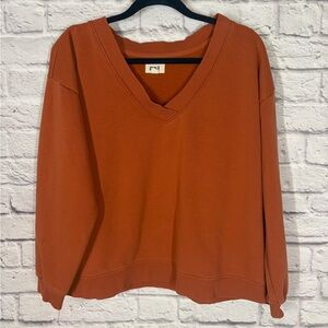 Pact Organic Cotton V-Neck Fleece Sweatshirt Rust Coral Orange Size XL